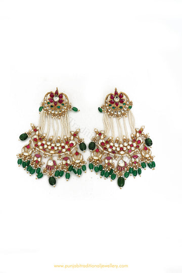 Gold Finished Rubby Emerald Kundan Earrings by PTJ